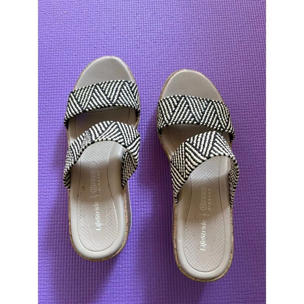 New Bzees For Lifestride Resort Raffia Wedge Sandals Womens Size 9 W Black Multi